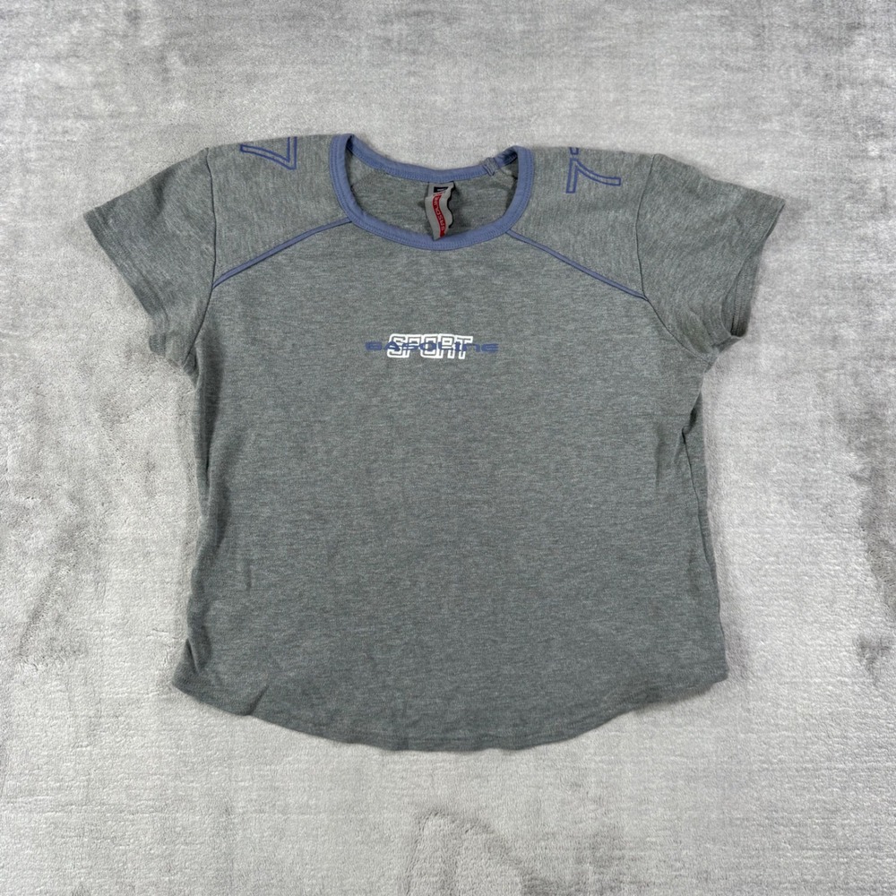 Gasoline Sport Shirt Women Large Gray Embroidered Vtg Y2K Ringer Baby Tee